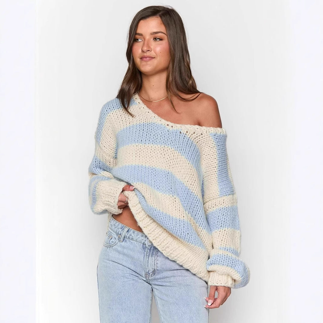 Fall Winter Women’s Oversized Knit Sweater | Off-Shoulder Sweet Dopamine Stripe Top