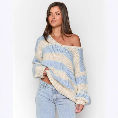 Fall Winter Women’s Oversized Knit Sweater | Off-Shoulder Sweet Dopamine Stripe Top