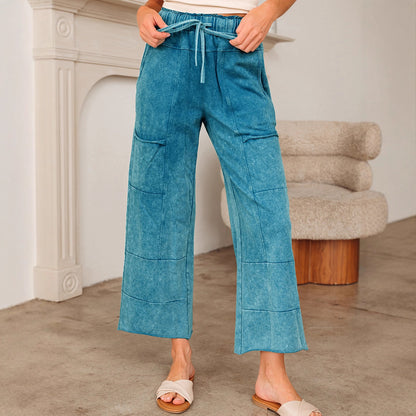 2025 Autumn New Arrival | High-Waisted Drawstring Wide-Leg Pants for Women with Large Cargo Pockets – Solid Color Casual Trousers