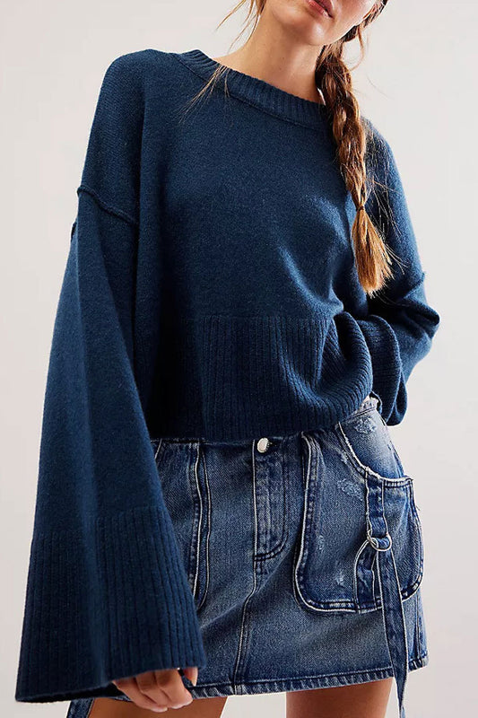 2025 Fall Winter Solid Color Knit Sweater | Women’s Fashion Crew Neck Pullover with Flared Sleeves