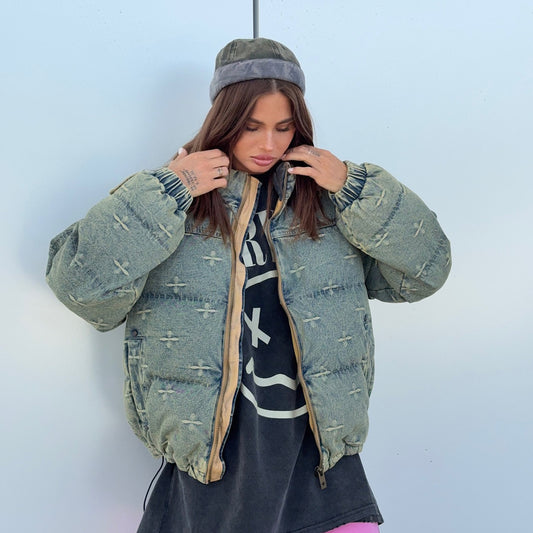 Autumn Winter 2025 Women’s Distressed Cross Embroidered Denim Cotton Jacket – Vintage Fashion Warm Coat