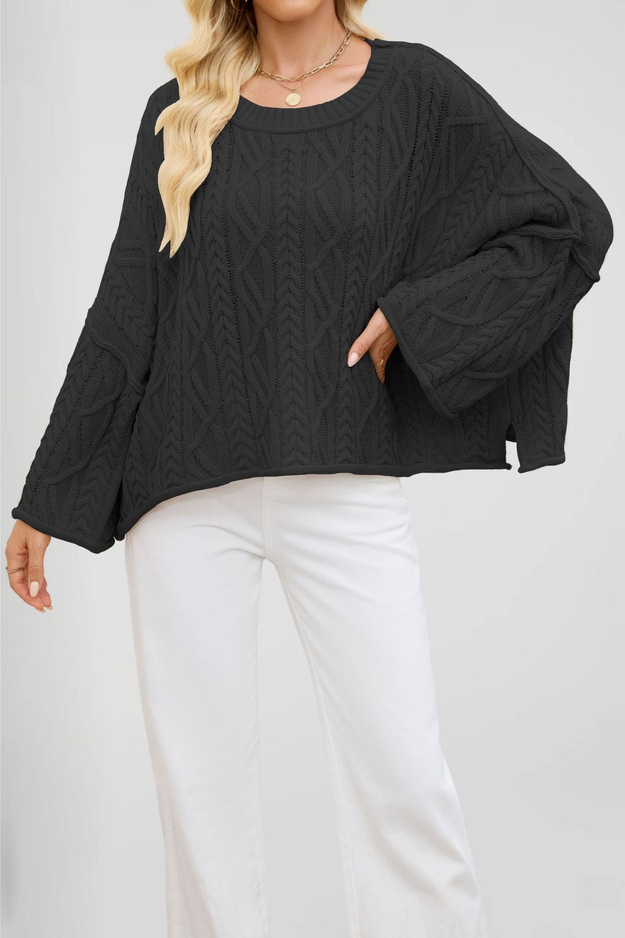 2025 Women’s Autumn Winter Knit Sweater – Round Neck Short Loose Cable Knit Pullover