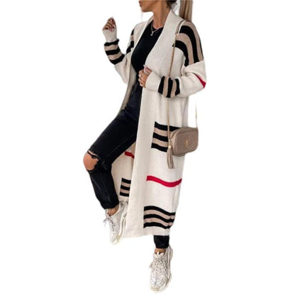 Women’s Long Striped Knit Cardigan | Oversized Loose Fit Long Sleeve Sweater Coat