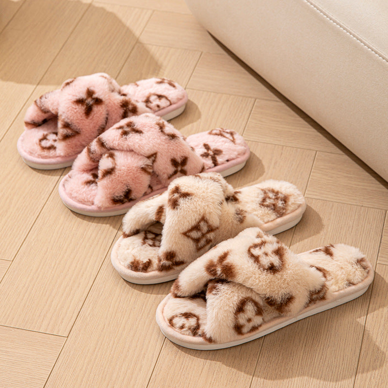 Women’s Open-Toe Slippers – Clover Cross Strap Faux Rabbit Fur Slides, All-Season