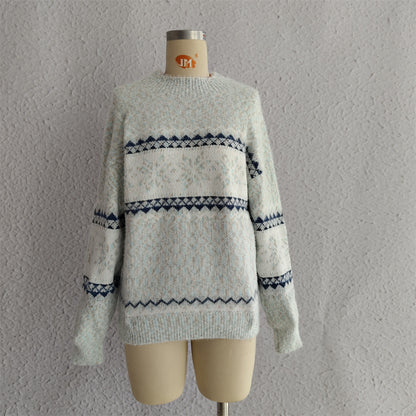 Autumn Winter 2025 Women’s Christmas Snowflake Chenille Sweater – Semi-Turtleneck Knit Pullover