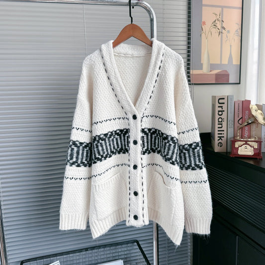 Autumn Winter 2025 Women’s Handmade Stitch V-Neck Cardigan – Loose Lazy Knit Sweater