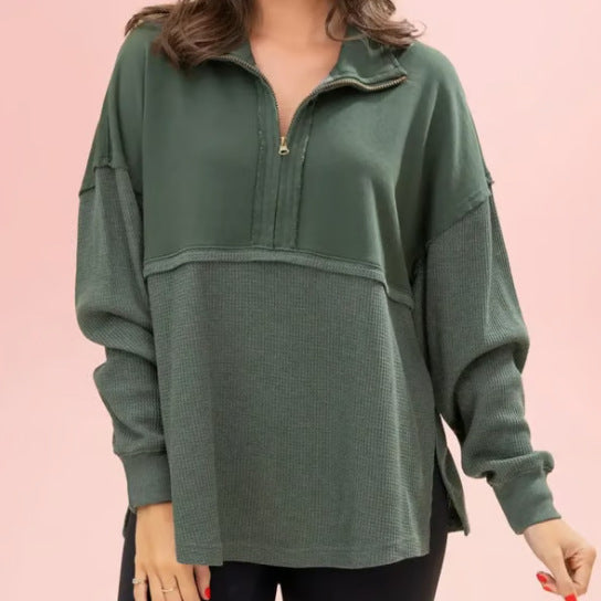 2025 Fall Winter Solid Zip-Up Collared Sweatshirt for Women | Loose Fit Minimalist Long Sleeve Pullover