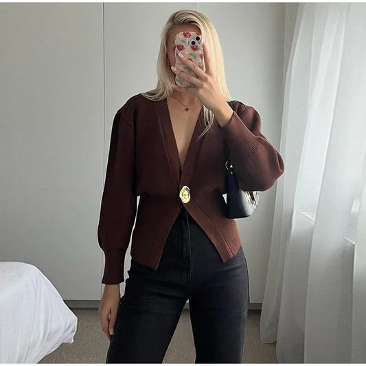 V-Neck Buttoned Knit Cardigan for Women | Stylish & Versatile Long Sleeve Sweater