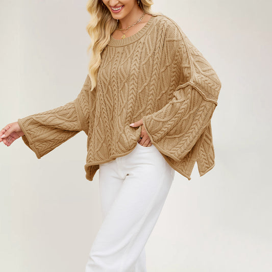 2025 Women’s Autumn Winter Knit Sweater – Round Neck Short Loose Cable Knit Pullover
