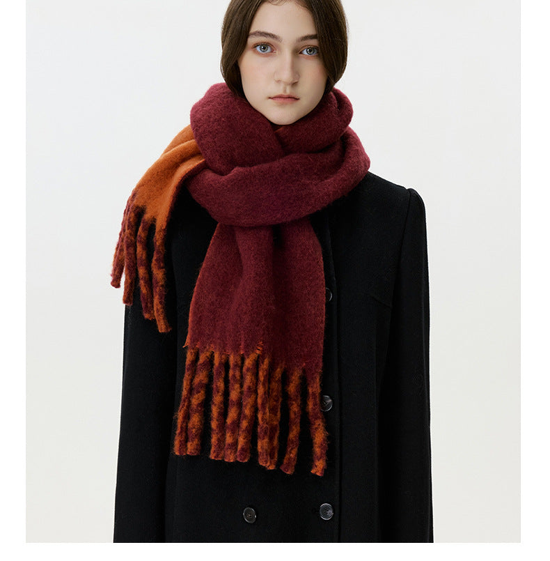 Women’s Wool Tassel Scarf – Thick Warm Winter Shawl, Korean-Style Two-Tone Narrow Double-Sided Wrap