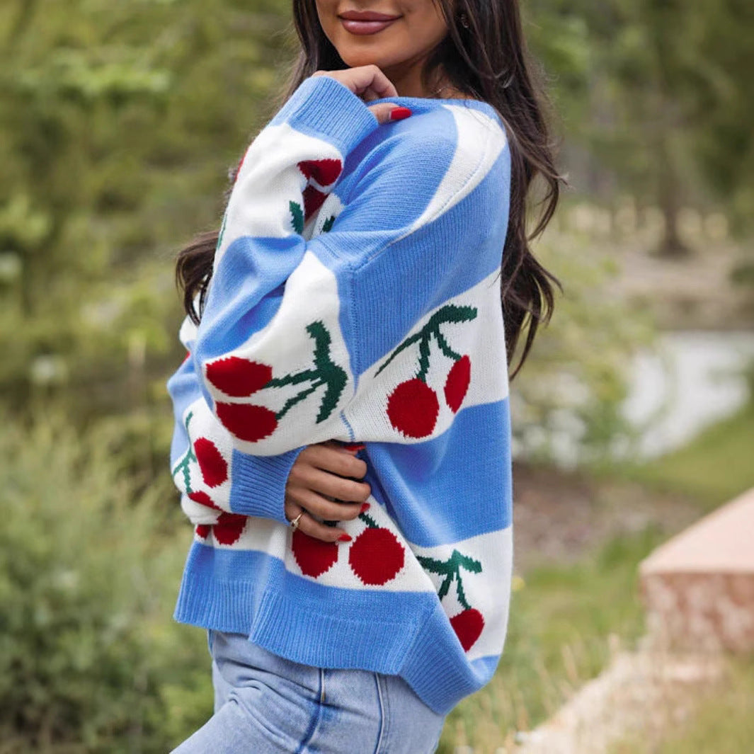 Cherry Jacquard Knit Sweater | Loose-Fit Crew Neck Long Sleeve High Street Style