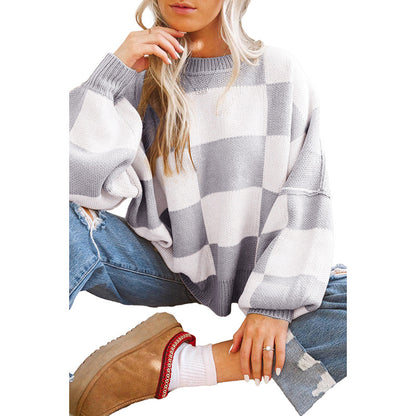 Autumn 2025 Women’s Plaid Long Sleeve Sweater – Casual Warm Pullover Knit Top