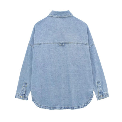 Women’s New Denim Shirt Jacket – Long Sleeve Turn-Down Collar Outerwear, Fashionable