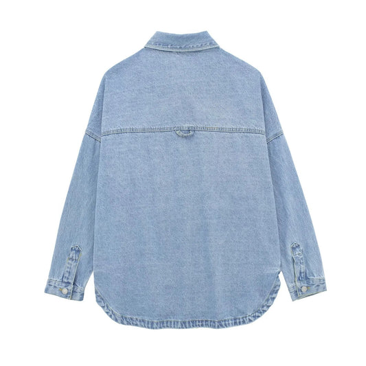 Women’s New Denim Shirt Jacket – Long Sleeve Turn-Down Collar Outerwear, Fashionable