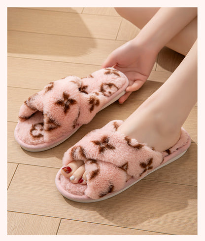 Women’s Open-Toe Slippers – Clover Cross Strap Faux Rabbit Fur Slides, All-Season