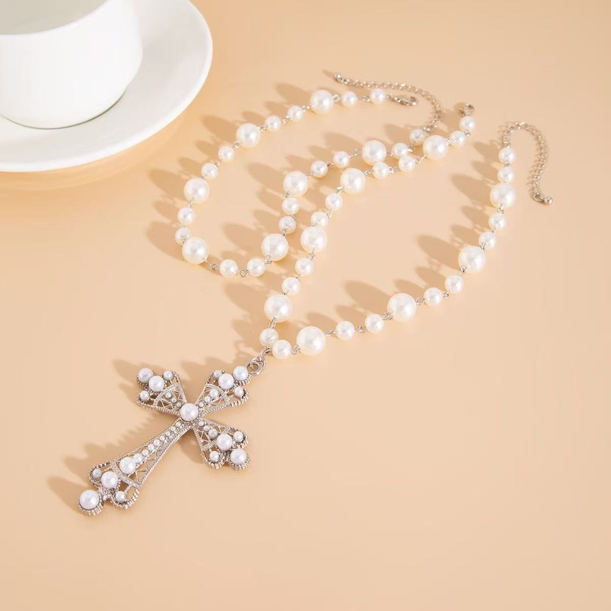 Fashion Multi-Layer Faux Pearl Cross Choker | INS Geometric Alloy Collar Necklace for Women
