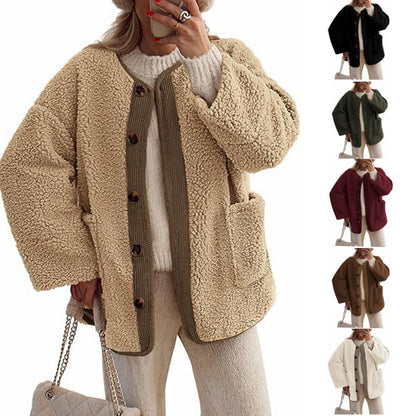 Women’s 2025 Winter Warm Fleece Jacket | Collarless Button-Up Sherpa Coat · Casual Long Sleeve Outerwear