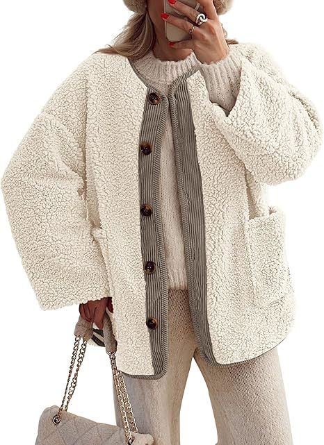 Women’s 2025 Winter Warm Fleece Jacket | Collarless Button-Up Sherpa Coat · Casual Long Sleeve Outerwear