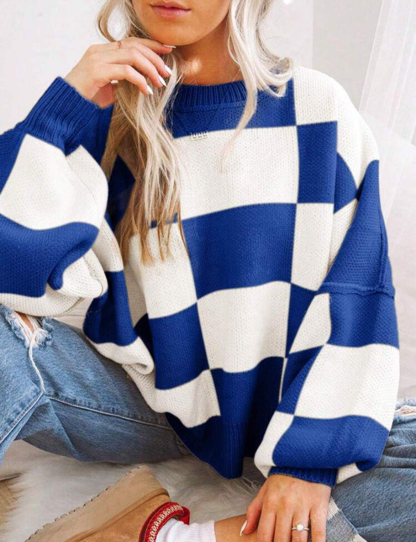 Women’s Plaid Knit Sweater | Loose Fit Crewneck Pullover · Casual Autumn Long Sleeve Top