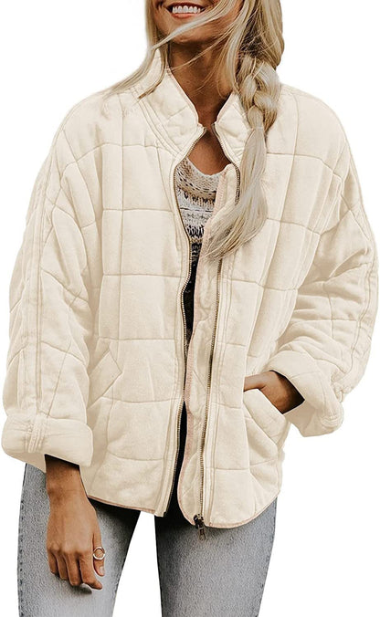 ✨ Solid Color Stand Collar Cotton Jacket for Women – Loose Fit Long Sleeve Pocket Coat