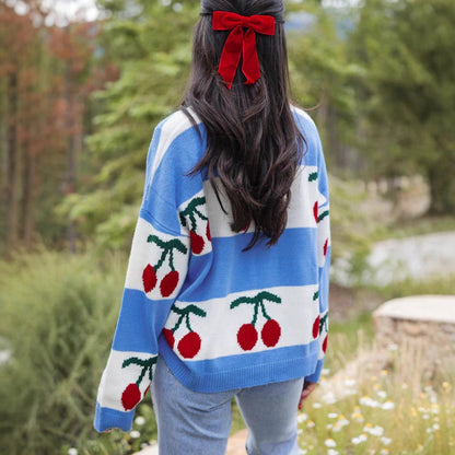 Cherry Jacquard Knit Sweater | Loose-Fit Crew Neck Long Sleeve High Street Style