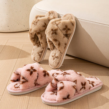 Women’s Open-Toe Slippers – Clover Cross Strap Faux Rabbit Fur Slides, All-Season