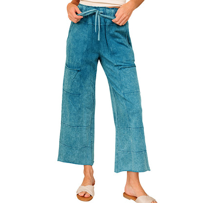 2025 Autumn New Arrival | High-Waisted Drawstring Wide-Leg Pants for Women with Large Cargo Pockets – Solid Color Casual Trousers