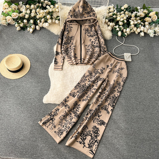 Women’s Fashion Knit Set | Spring Fall Hoodie & Wide-Leg Pants Two-Piece Outfit