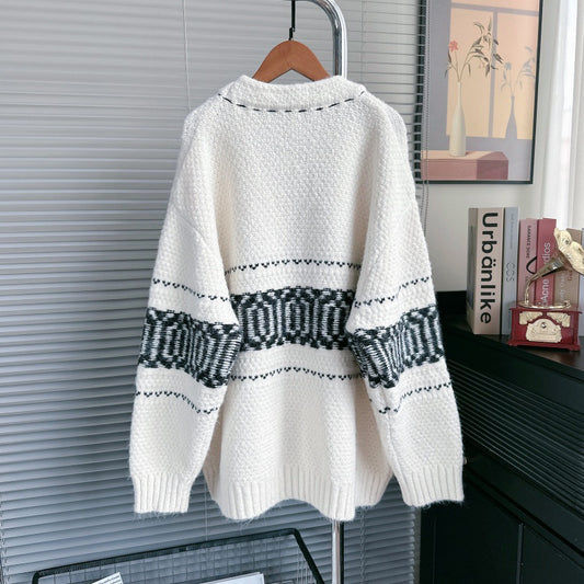 Autumn Winter 2025 Women’s Handmade Stitch V-Neck Cardigan – Loose Lazy Knit Sweater