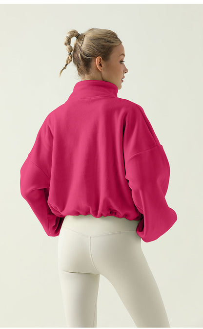 Women’s Thick Sherpa Fleece Yoga Jacket – Autumn Winter High Neck Drawstring Windproof Hoodie