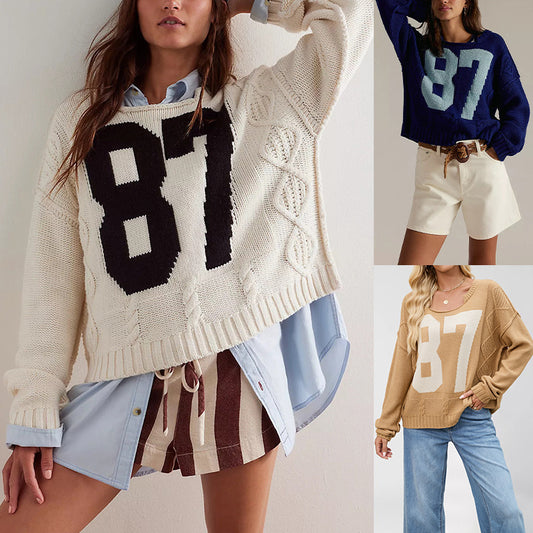Fall Winter 2025 Color Block Number Print Knit Sweater | Loose Fit Long Sleeve Pullover for Women