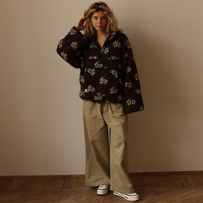 2025 Women’s Spring Lambswool-Style Zip-Up Hoodie – Loose Fit Printed Long Sleeve Sweatshirt