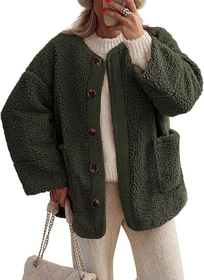 Women’s 2025 Winter Warm Fleece Jacket | Collarless Button-Up Sherpa Coat · Casual Long Sleeve Outerwear