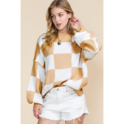 Autumn 2025 Women’s Plaid Long Sleeve Sweater – Casual Warm Pullover Knit Top