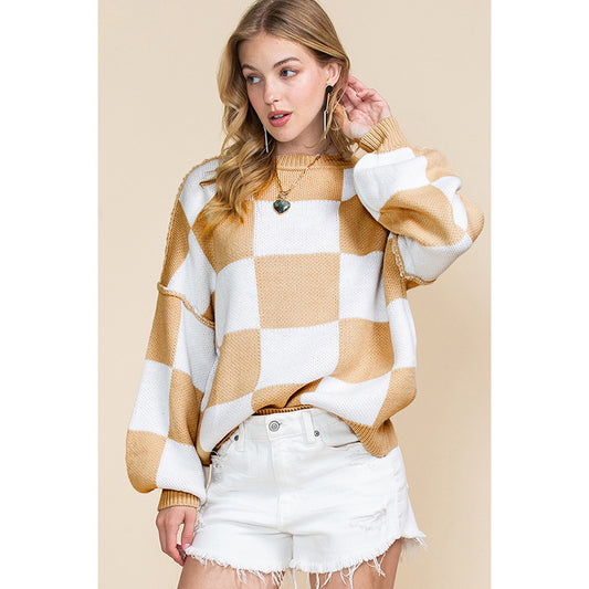 Autumn 2025 Women’s Plaid Long Sleeve Sweater – Casual Warm Pullover Knit Top