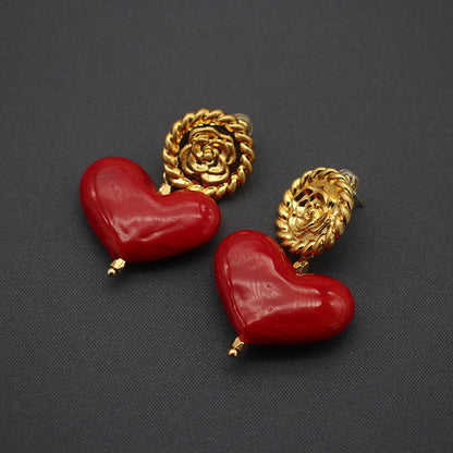 Handmade Red Heart Glass Necklace & Earrings Set | Vintage Pearl Jewelry with Clip-On Earrings
