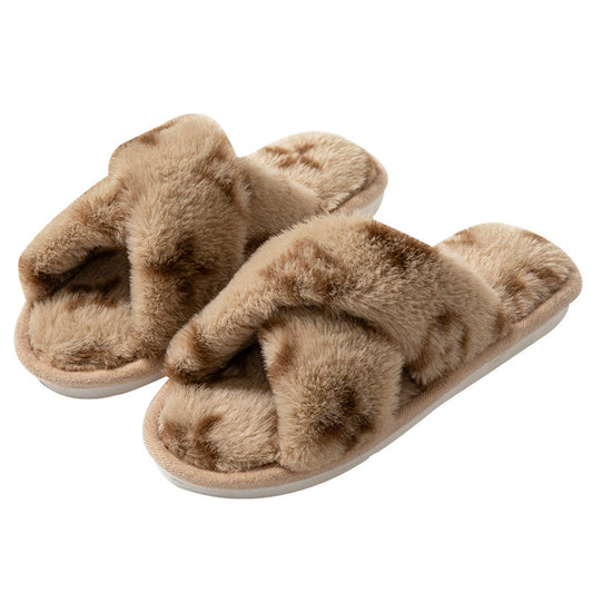Women’s Open-Toe Slippers – Clover Cross Strap Faux Rabbit Fur Slides, All-Season
