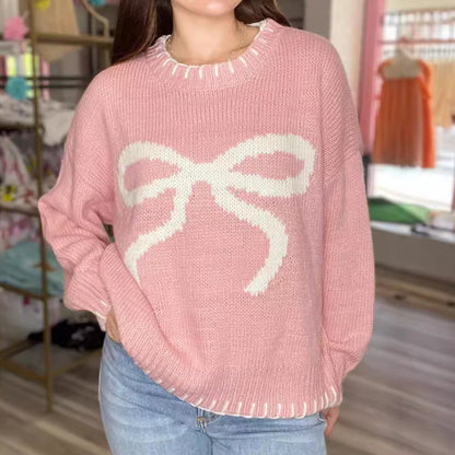 Autumn Winter 2025 Women’s Bow Jacquard Sweater – Loose Cozy Pullover Knit