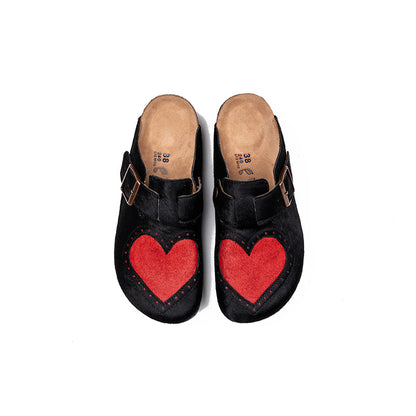 Women’s Fur Birkens Style Mules – Heart Design Flat Slip-On Loafers, Casual Outdoor Shoes