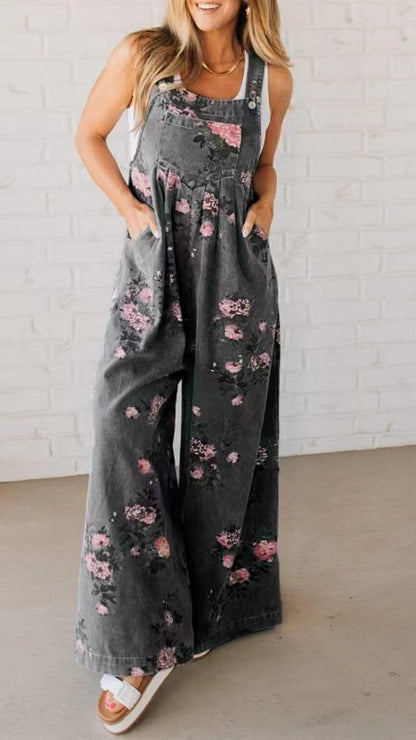 Women’s Fashion Denim Floral Jumpsuit – Casual Sleeveless Overall