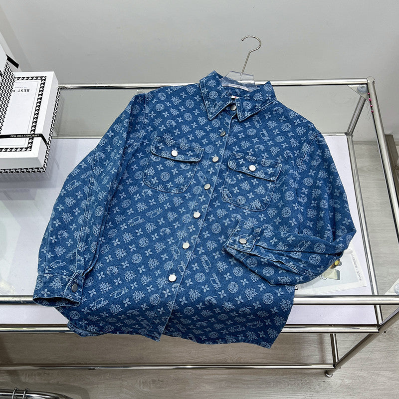 Women’s Printed Jacquard Denim Jacket – Spring Autumn Loose Casual Top