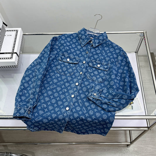 Women’s Printed Jacquard Denim Jacket – Spring Autumn Loose Casual Top