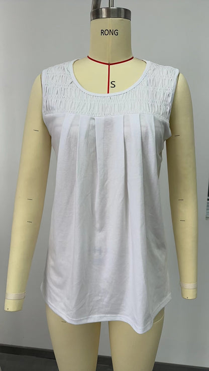 Women’s Pleated Sleeveless Tank Top – Summer Loose Fit Round Neck Blouse