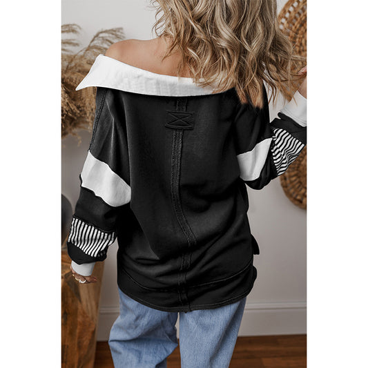 Casual Loose V-Neck Sweatshirt for Women – 2025 Fall New Striped Patchwork Pullover Top