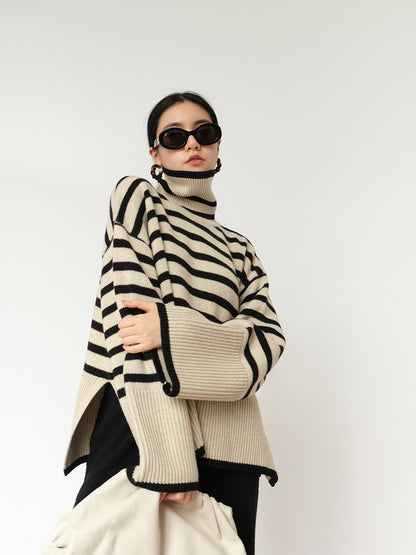 Striped High Neck Sweater for Women | 2025 Spring & Autumn Loose Knit Pullover with Unique Design