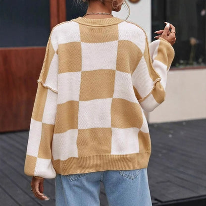 Women’s Plaid Knit Sweater | Loose Fit Crewneck Pullover · Casual Autumn Long Sleeve Top