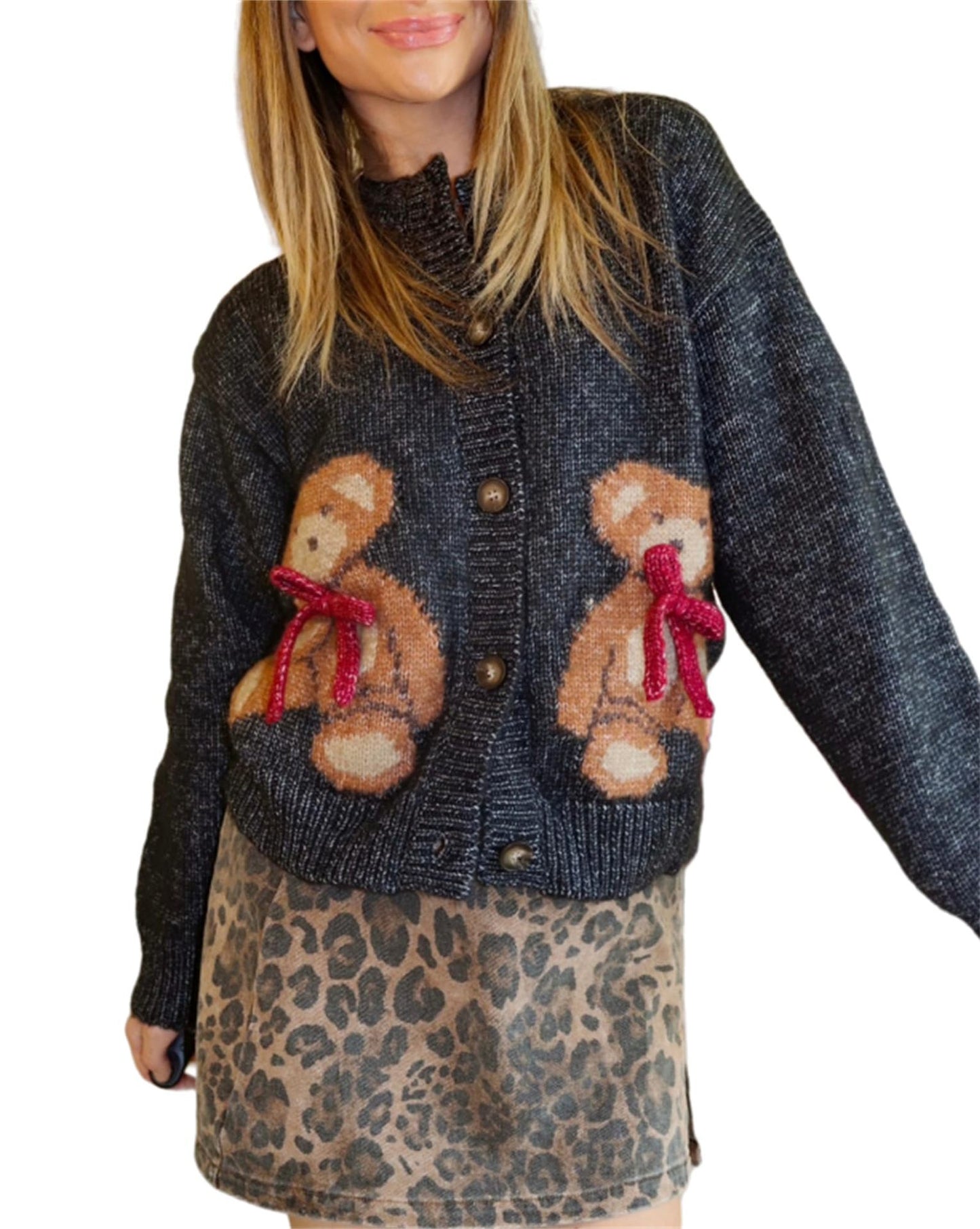 2025 Y2K Bear Knit Cardigan | Women’s Cute Sweater Jacket Aesthetic Fashion Outfit