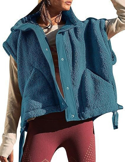 Faux Fur Vest | Oversized Sleeveless Sherpa Jacket with Button Closure
