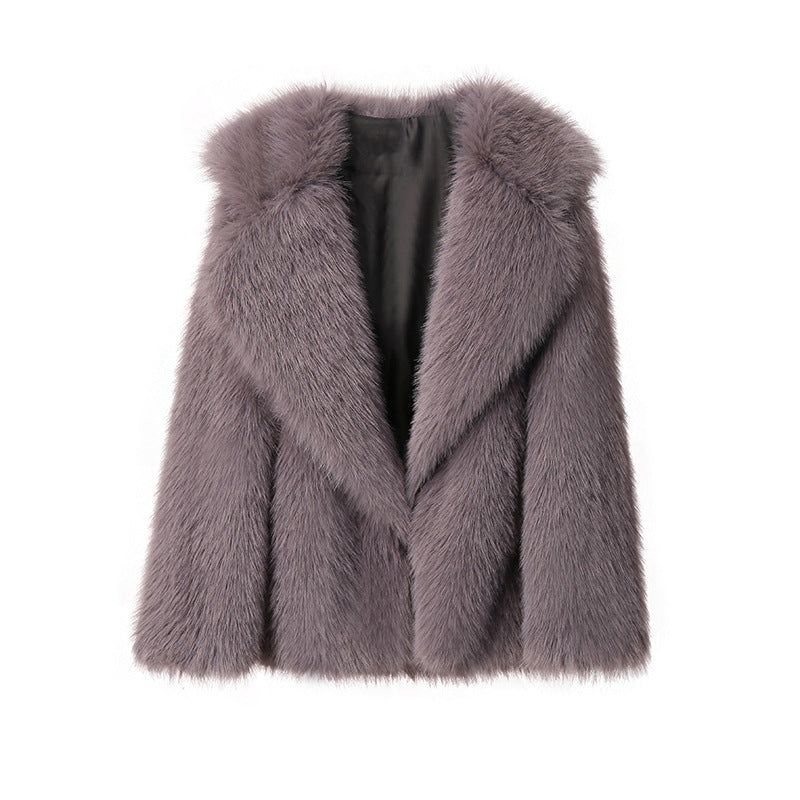 Women’s Faux Fur Coat – Autumn Winter Wide Collar Mid-Length Jacket, Loose Fit Outerwear