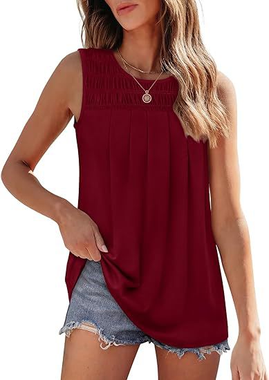Women’s Pleated Sleeveless Tank Top – Summer Loose Fit Round Neck Blouse